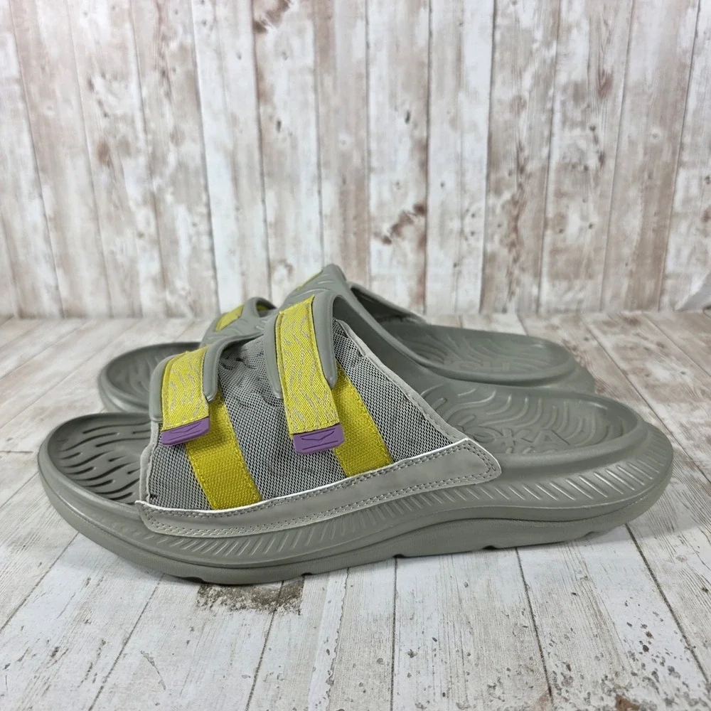 Hoka Ora Luxe Mens‎ Recovery Slides Gray Yellow Adjustable Strap Sandals Size 14